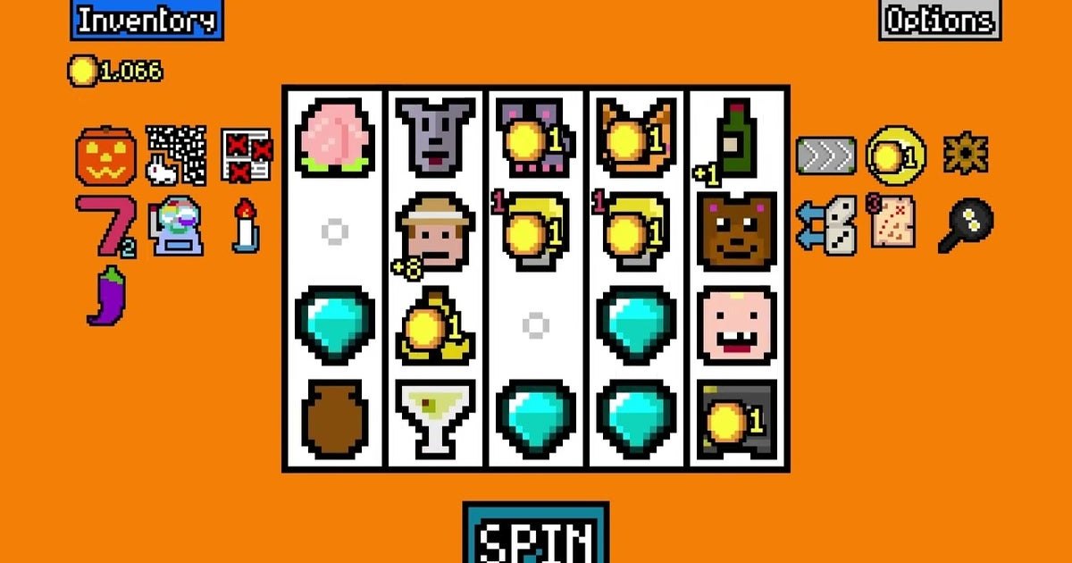 Luck Be a Landlord game board with many data-driven symbols