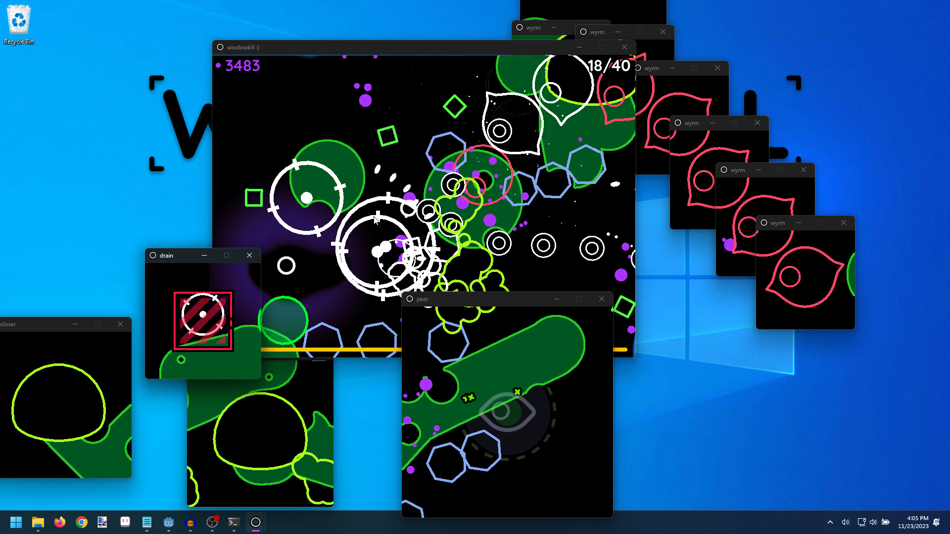 Windowkill game running across movable desktop windows