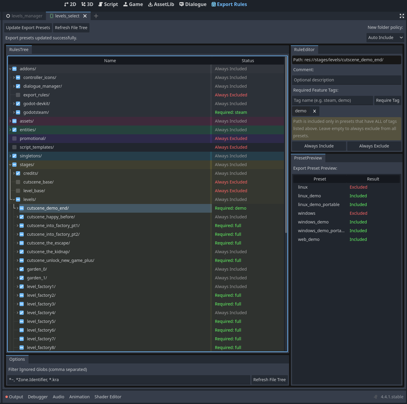 Godot export rules panel