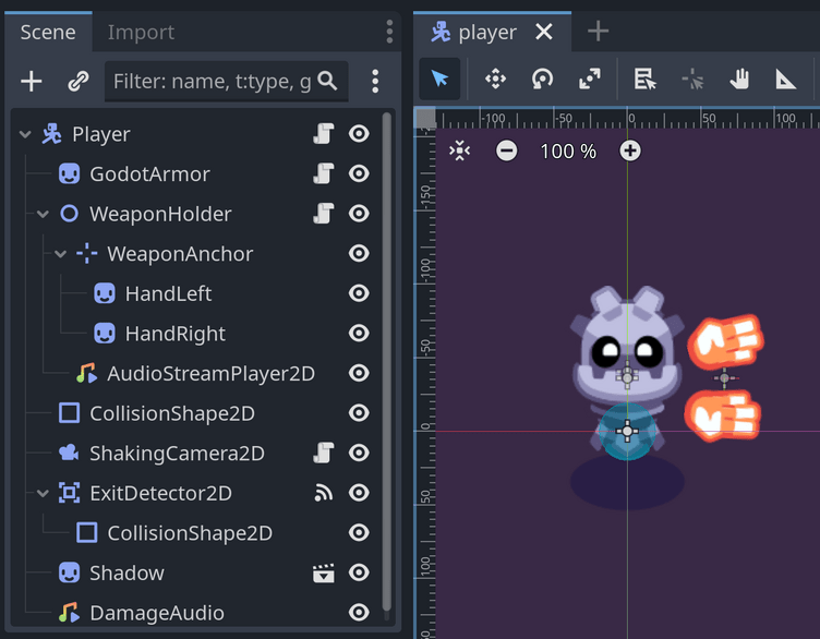 Godot editor scene tree and node dock