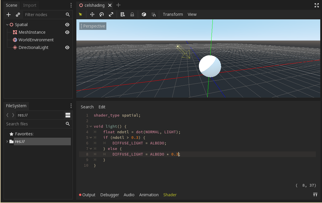 Godot shader editor showing a cel-shaded scene